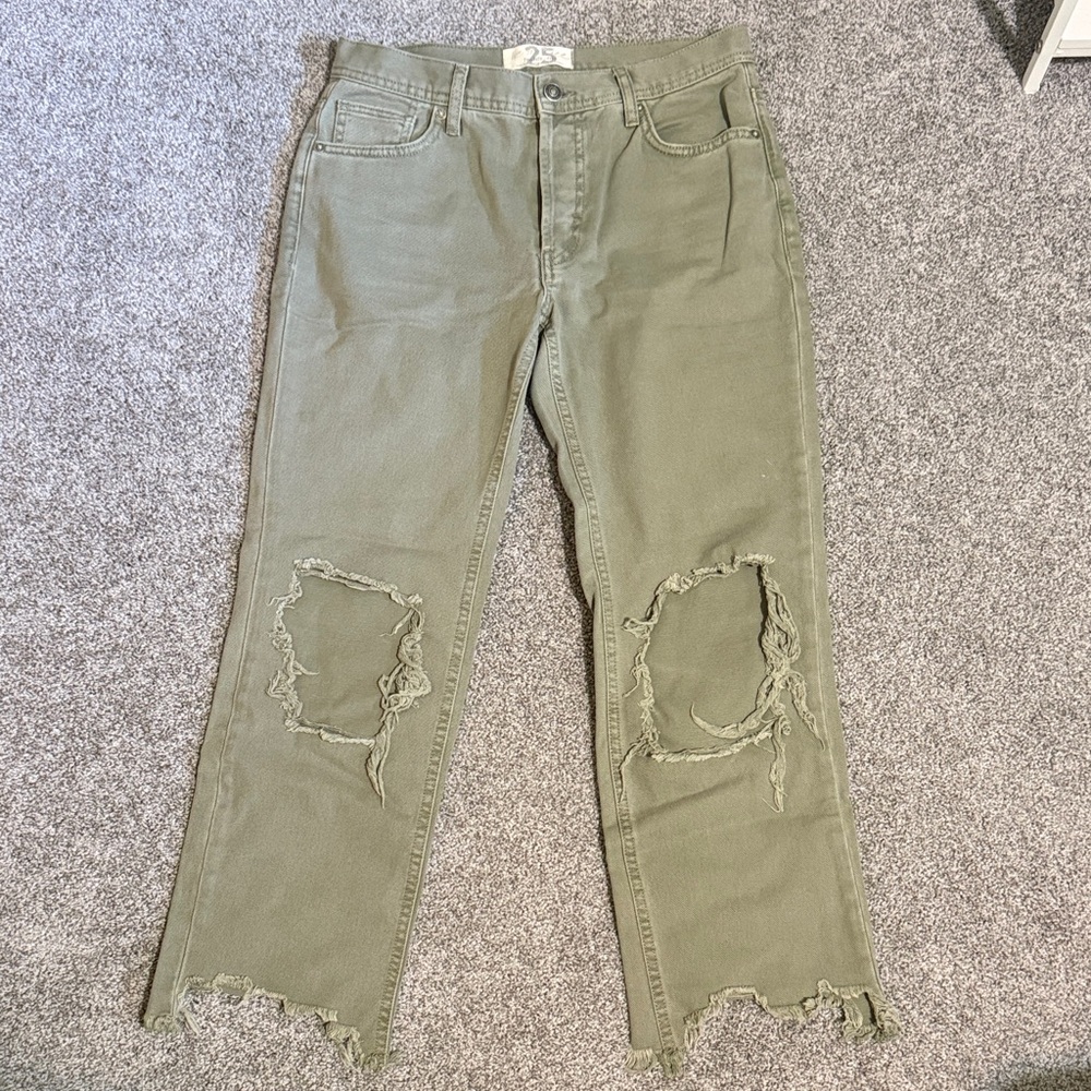 Free People Olive Distressed Low-Rise Jeans